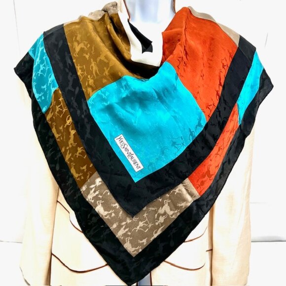 Yves Saint Laurent YSL 100% Silk Satin Scarf 34" Color Block BlackBrown Blue (76 - Picture 5 of 16